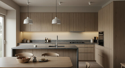 Serene interior showcasing a modern kitchen with warm, inviting wood accents