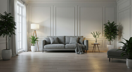 Serene interior with a gray sofa and potted plants creating a calming atmosphere