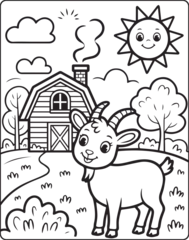 Gordijnen Cute goat standing in front of farm house in natural scene line art vector illustration coloring page for kids © Vect Village