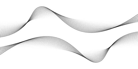 Abstract flowing dots particles wave pattern. Halftone gradient curve shape isolated on white background. Modern vector banner in concept of AI, technology, science, music festival.