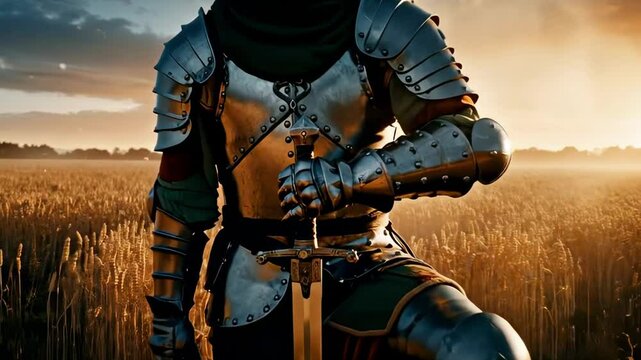 A medieval knight in shining armor kneels in a golden wheat field at sunset, embodying bravery and valor against a serene backdrop - knight falling to his knees