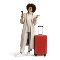 Woman traveler using phone with luggage planning travel trip booking flights and hotel online for vacation