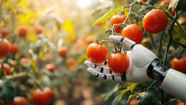 Robotic arm gently picks ripe tomatoes in a sunlit greenhouse, showcasing the future of farming with automation