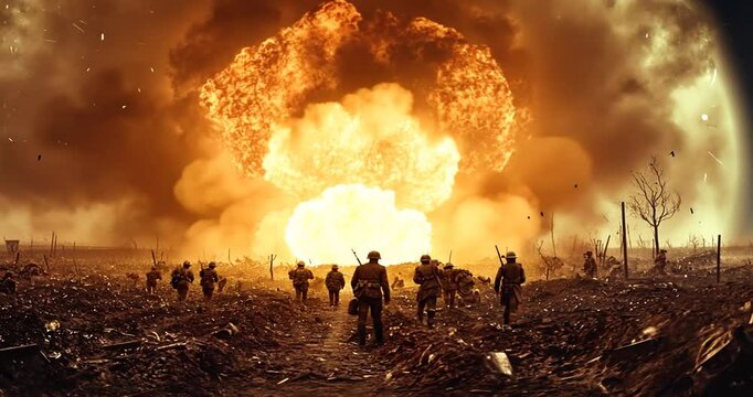 Soldiers advancing through a war zone with a large explosion in the background.