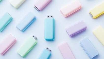 Pastel-colored USB flash drives arranged in a geometric pattern on a light blue background