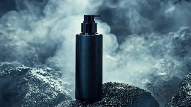 Enigmatic beauty elixir a dark hued bottle amidst smoky rugged terrain captures the essence of intense revitalizing hydration with a touch of mystique
