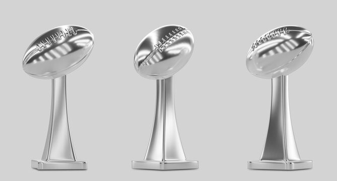Super Bowl trophy, Vince Lombardi sterling silver prize in shape of ball. Winner award for NFL championship, American football sport. Realistic 3d set of metal cup in different angles. 3D illustration