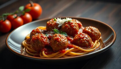 A plate of savory spaghetti and meatballs, rich tomato sauce glistening,  cuisine,  delicious