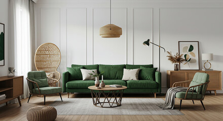 Serene living room ambiance with green sofa, rattan accents, and minimalist decor