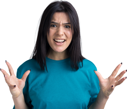 Young beautiful woman with facial expression of surprise standing over gray background.