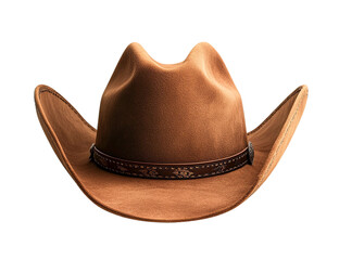 Brown cowboy hat with leather band, isolated on transparent background, western fashion accessory, studio shot, front view, detailed texture
