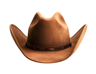 Brown cowboy hat with leather band, isolated on transparent background, western fashion accessory, studio shot, front view, detailed texture