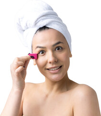 Beauty portrait of woman in white towel on head  with a sponge for a body in view of a pink heart. Skincare cleansing eco organic cosmetic spa relax concept.