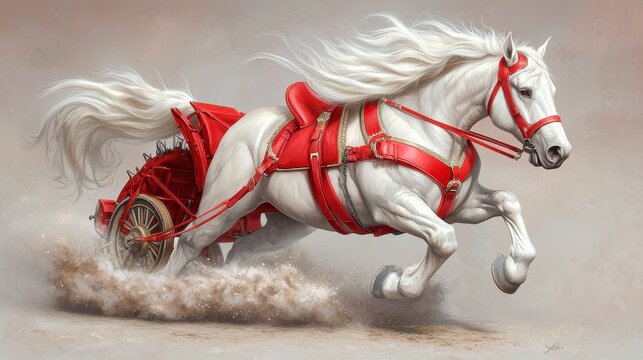 White Horse Pulling Red Chariot Across Sandy Surface - Powered by Adobe