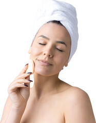 Beauty portrait of woman in white towel on head with a sponge for a body in view of a pink heart. Skincare cleansing eco organic cosmetic spa relax concept.