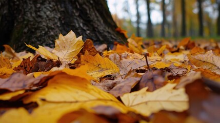 Pile of fallen leaves on the ground in a forest. the leaves are in various shades of yellow, orange, and brown, indicating that it is autumn.