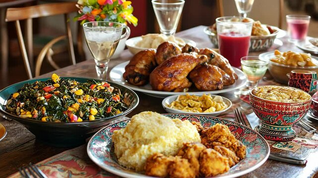 A table set for a Juneteenth celebration, with traditional soul food like fried chicken, cornbread, and collard greens