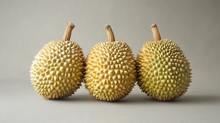 Three whole durians with spiky green exteriors and short stems are displayed against a neutral background.
