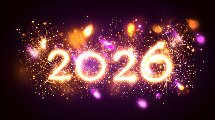 Sparkling Fireworks for Happy New Year 2026 banner template on dark background