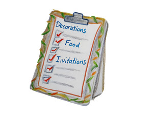 Colorful checklist for party planning, featuring decorations, food, and invitations