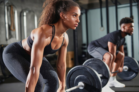 Dynamic fitness training session with African American men and women lifting weights in a stylish gym