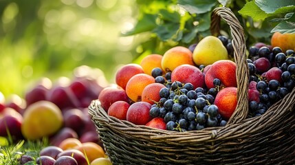 A basket filled with fresh assorted fruits including grapes, peaches, and nectarines sits outdoors amidst greenery and sunlight.