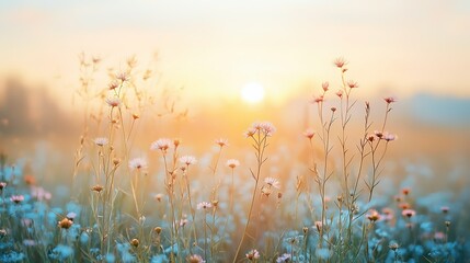 Blurred background of tall grasses at sunset with light blue and white ethereal sky, swaying wildflowers in gentle breeze conveying tranquility and harmony with nature in high-resolution photography
