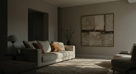Serene Living Room Interior with Modern Design Elements and Warm Lighting