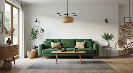 Serene Living Room Interior with Green Sofa and Natural Elements, A Blend of Modern Design