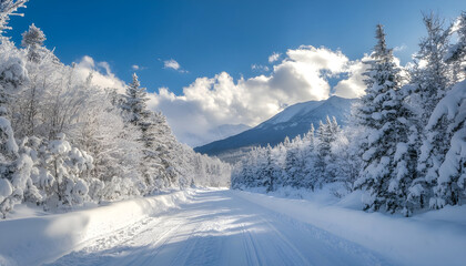 Winter landscape featuring a snowy mountain road under a blue sky