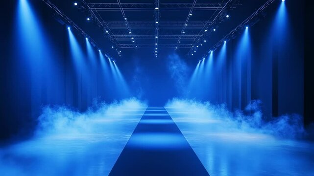 Mystical Blue Runway Illuminated with Dramatic Lighting and Atmospheric Smoke