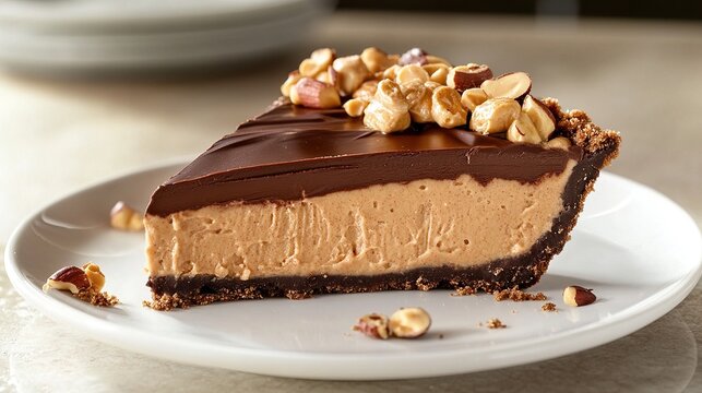 A slice of peanut butter pie, topped with chocolate ganache and chopped peanuts and hazelnuts, sits on a white plate. The crust is visible