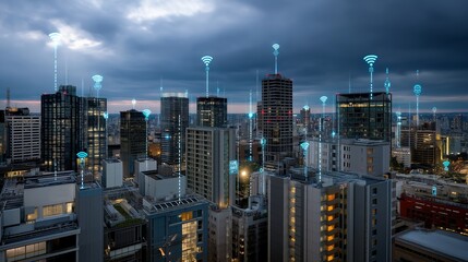 Naklejka premium Urban skyline featuring futuristic Wi-Fi smart homes and augmented infographics. AI generated