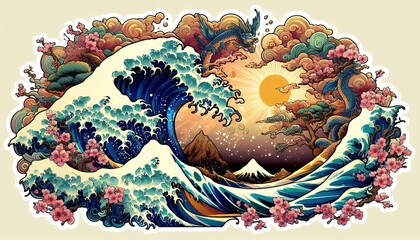 Japanese Wave Art with Sunset and Flowers in Fusion of Ukiyoe Style and Modern Illustration with Generative AI.