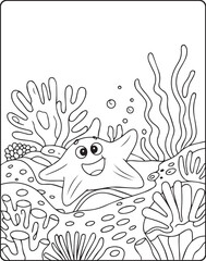 Naklejka premium Cute and adorable starfish in ocean underwater scenery sea life outline vector line art for coloring page design