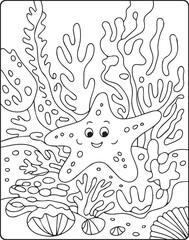 Fototapeta premium Cute and adorable starfish in ocean underwater scenery sea life outline vector line art for coloring page design