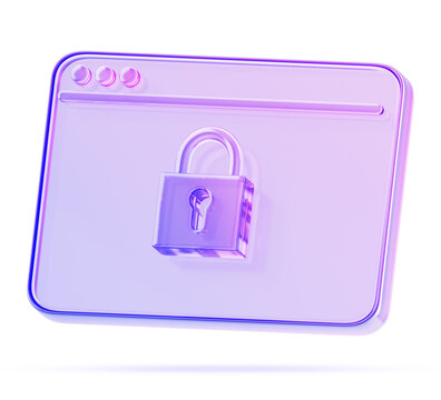 3d glass holographic browser window icon with padlock render. Secure protocol https, safe data transfer, ssl encryption, security certificate of website, safety internet technology. 3D illustration