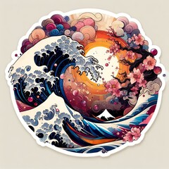 Japanese Wave Art with Sunset and Flowers in Fusion of Ukiyoe Style and Modern Illustration with Generative AI.