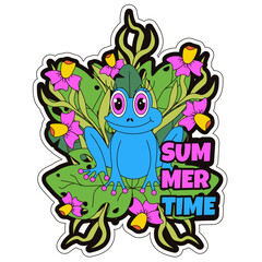 Summer vector sticker. Summer sticky with tropical toad orchid and palm leaves isolated transparent background. Ideal scrapbook sticky sticker t-shirt print Summer background template design. EPS 10