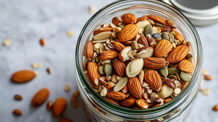 Glass jar filled with an assortment of mixed nuts including almonds, cashews, walnuts, and peanuts. Concept of healthy snacks, protein rich food, and natural nutrition.
