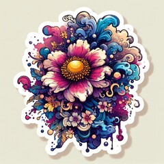 Japanese Wave Art with Sunset and Flowers in Fusion of Ukiyoe Style and Modern Illustration with Generative AI.