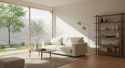 Serene minimal living space with outdoor view and natural sunlight ambiance