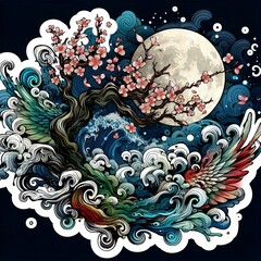 Japanese Wave Art with Sunset and Flowers in Fusion of Ukiyoe Style and Modern Illustration with Generative AI.
