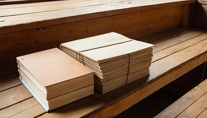 Stack of Blank Paper Books on Wooden Shelf