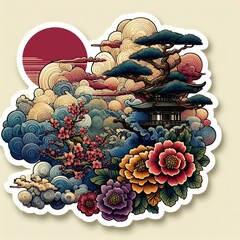 Japanese Wave Art with Sunset and Flowers in Fusion of Ukiyoe Style and Modern Illustration with Generative AI.