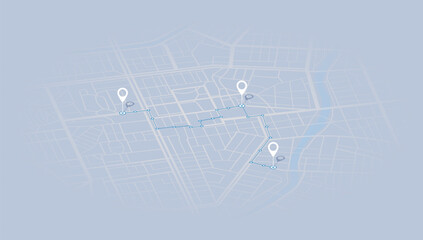 GPS map with pins set along specific route. city map with GPS navigation route. Transportation and logistics concept. Vector illustration for navigation tracking.