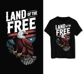 an eagle perched on a branch with the words land of the free isolated on white background