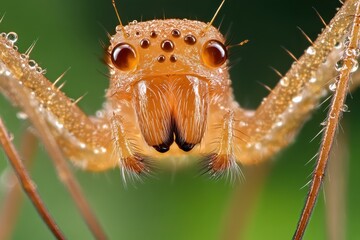 Fototapeta premium Close-Up of Macro Orange Spider with Dew Drops on Green Background