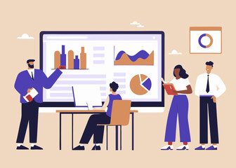 Diverse business team analyzing data on a large computer screen collaborating on a project and discussing financial reports together