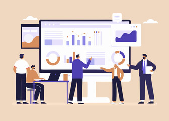 Business Team Analyzing Data on a Large Computer Screen with Charts and Graphs in a Modern Office Setting